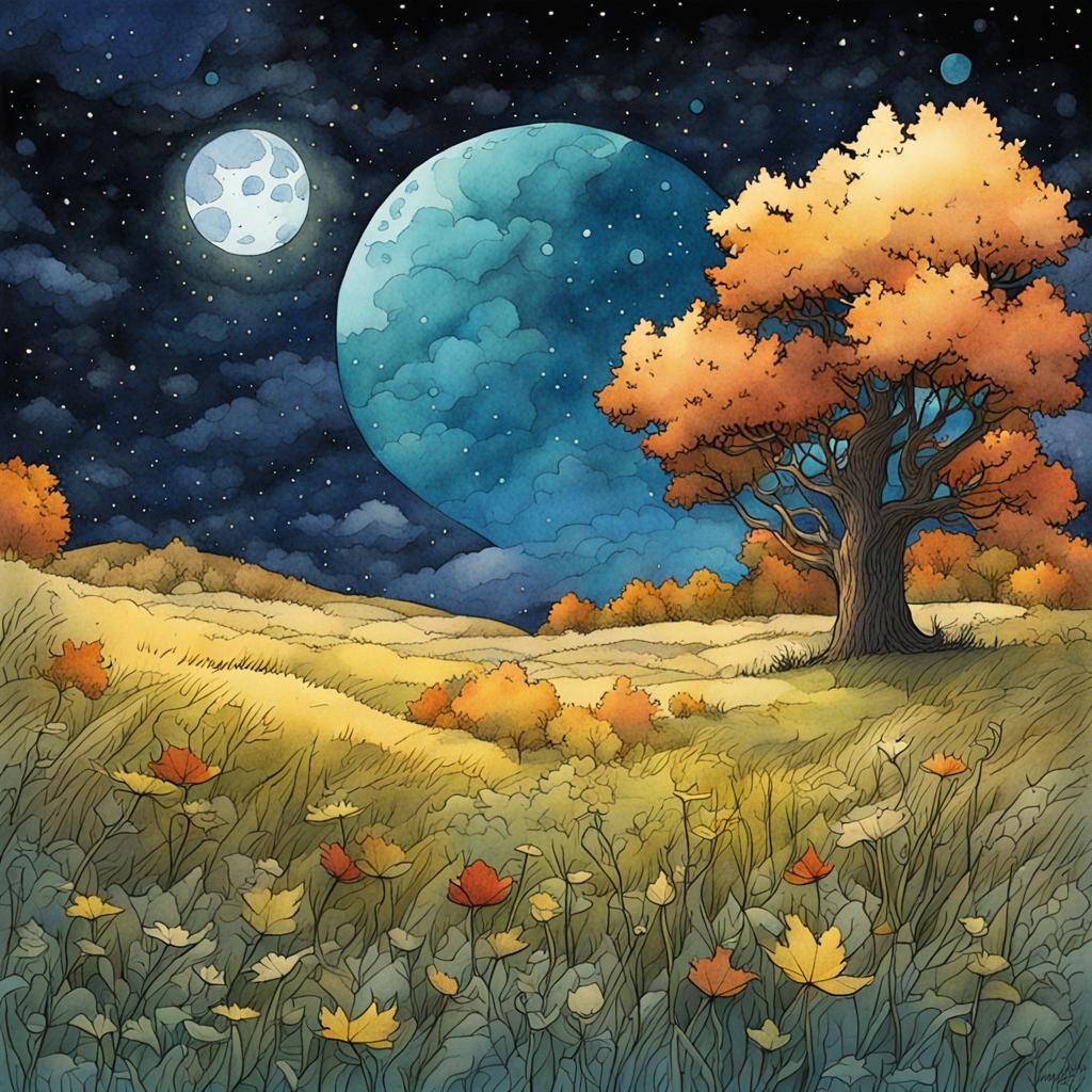 Autumn Night Meadow in Whimsical Watercolour Style