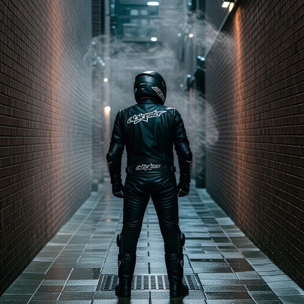 Noir Motorcyclist in Wet Alleyway