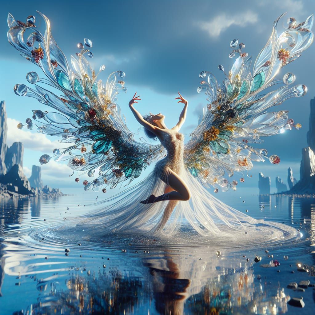 Hyperrealistic Fantasy Scene with Dancer and Glass Wings