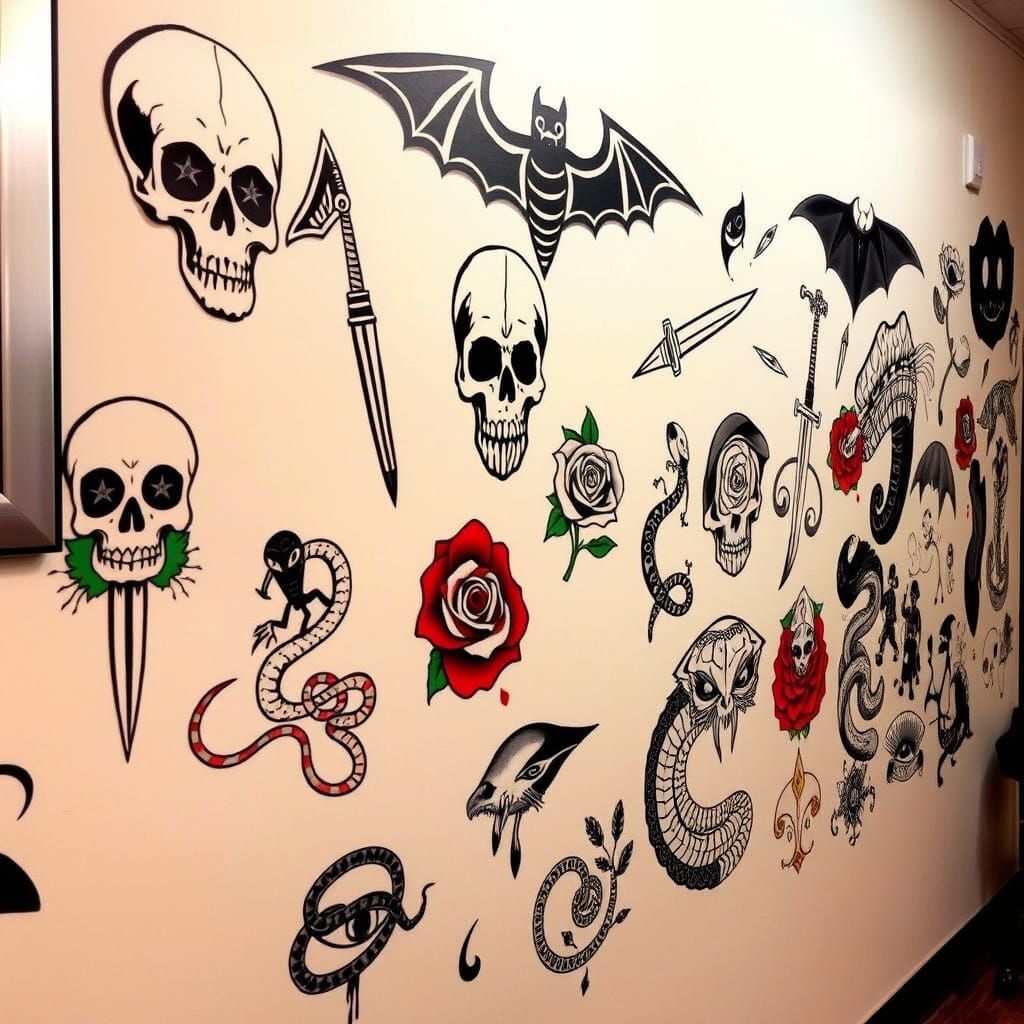 Tattoo Shop Wall with Skulls, Snakes, and Daggers