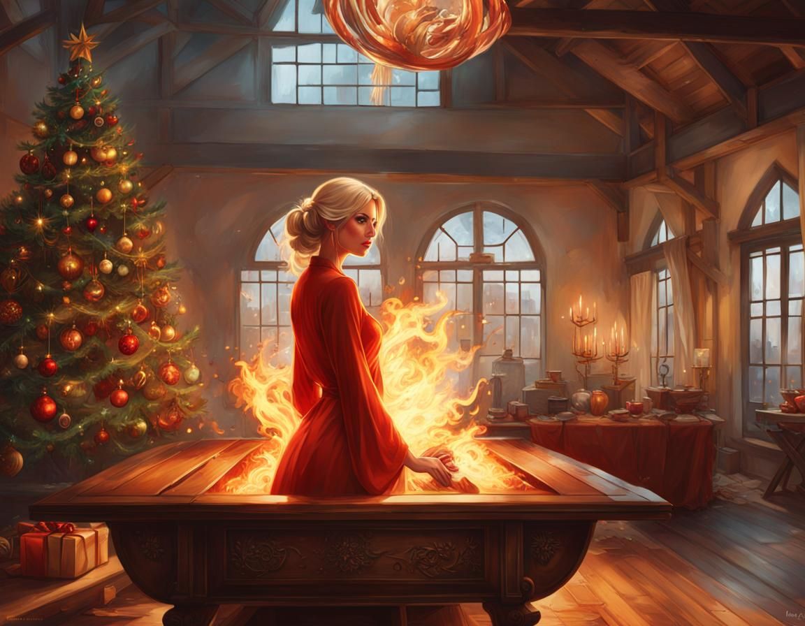 A Blonde Woman Amidst Christmas Chaos in a Luxurious Loft