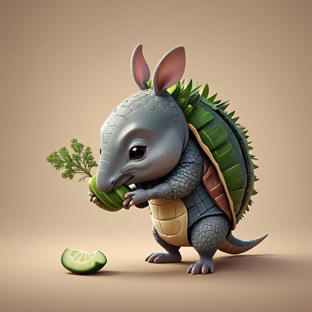 Chibi Armadillo Sniffs Dill Pickle in Vibrant, 3D Digital Ar...