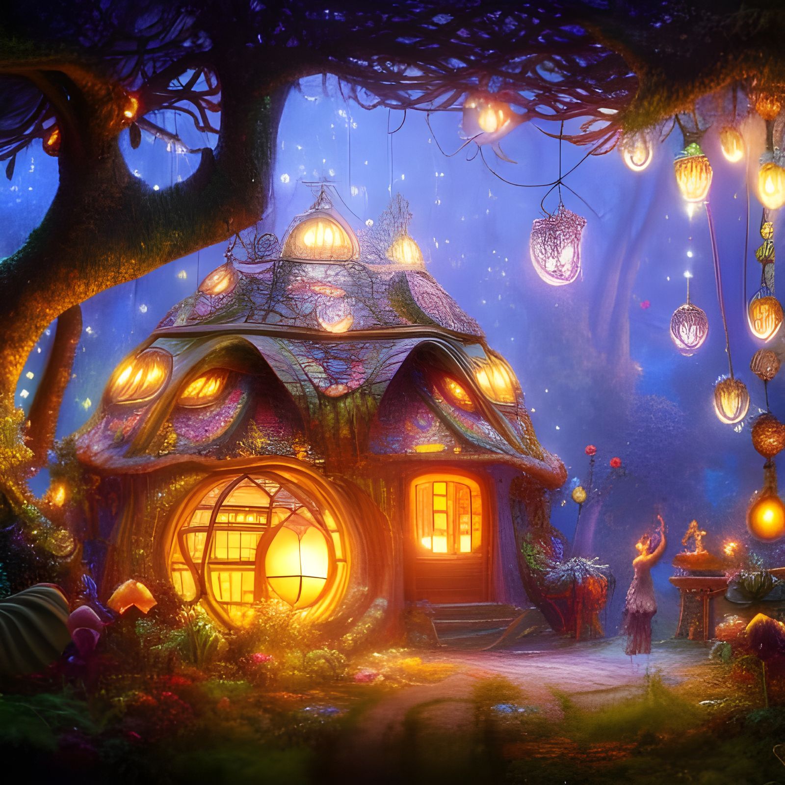 Whimsical Fairy Village Scene in Magical Forest
