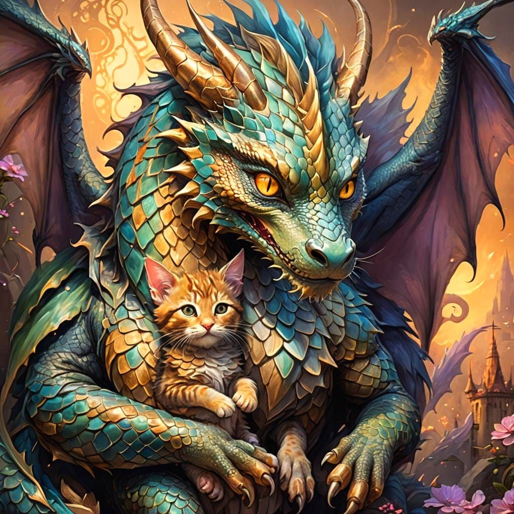 Majestic Dragon Tenderly Holds Endearing Kitten in Darkness