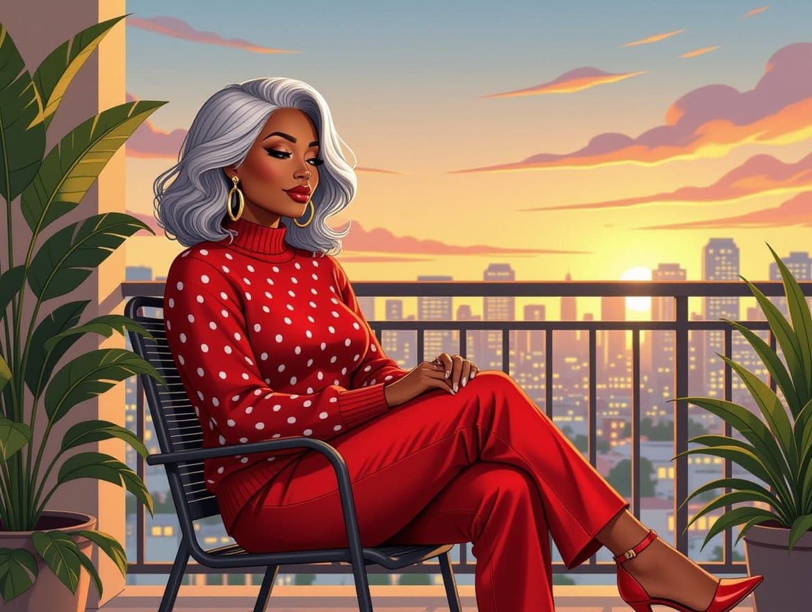 Cartoon Woman Overlooking Cityscape in Exaggerated Style