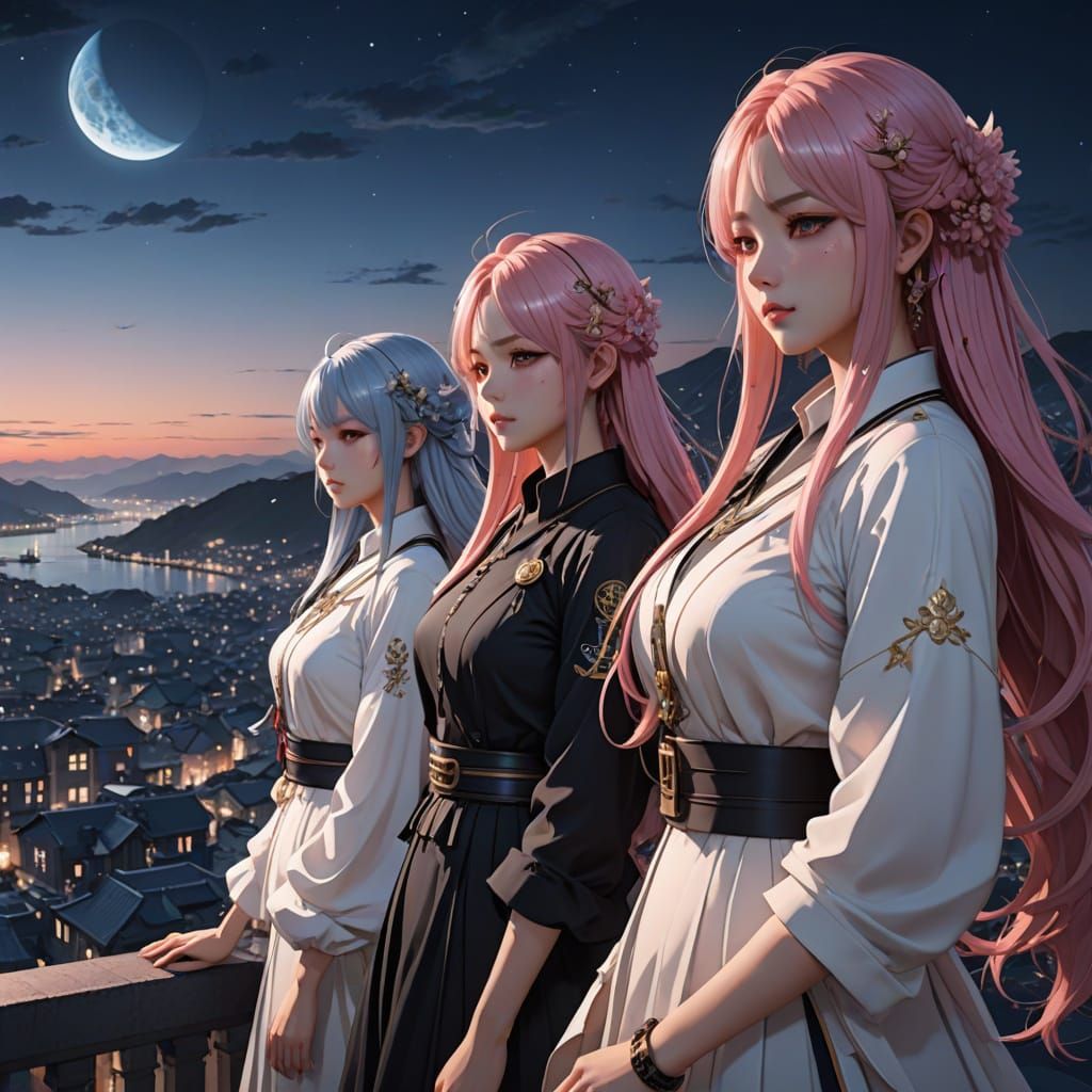 Anime Girls on Rooftop Overlooking Moonlit Coast