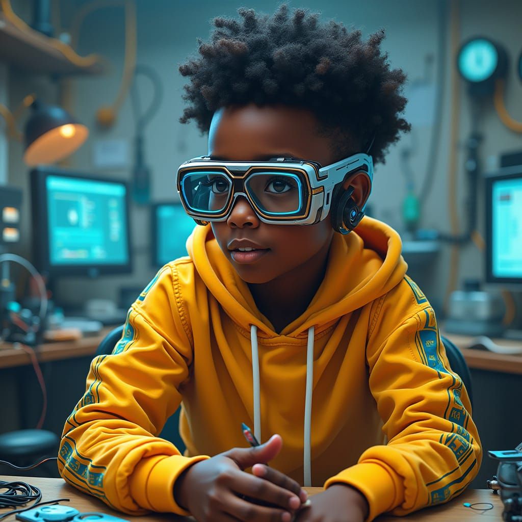Futuristic African Boy in Laboratory, Syd Mead Style