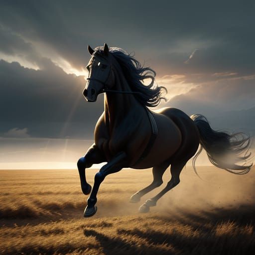 Galloping Horse in Dramatic Fantasy Landscape