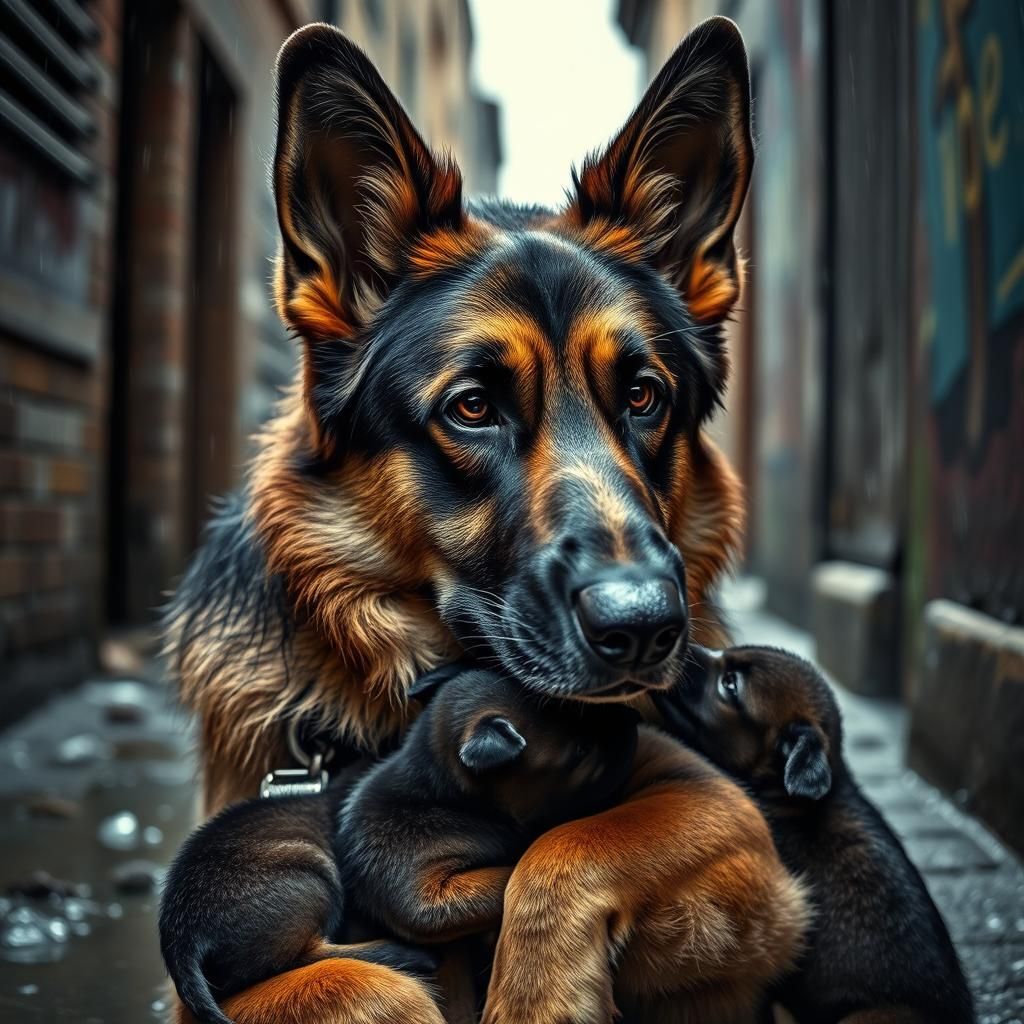 A stunning homeless German Shepherd dog tends to her newborn...