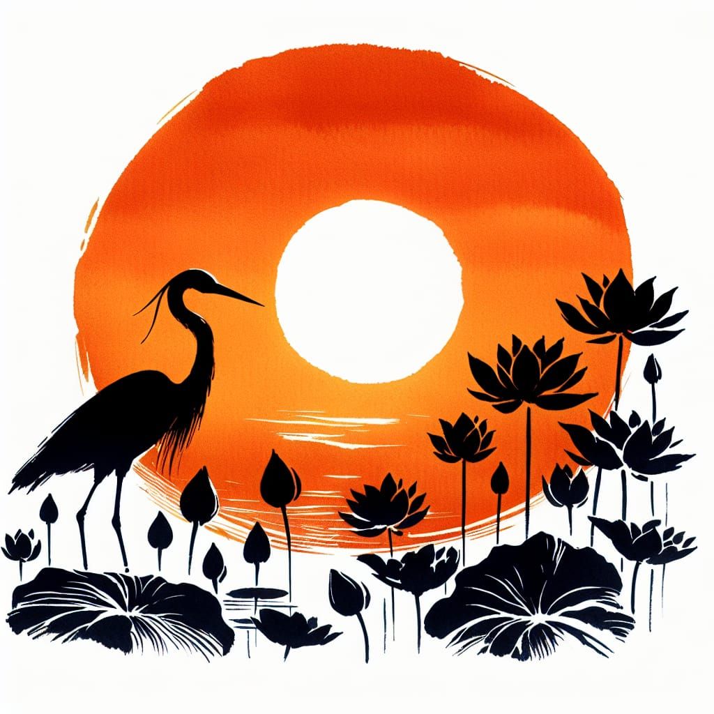 Elegant Heron Amidst Orange-Hued Lotus Blooms