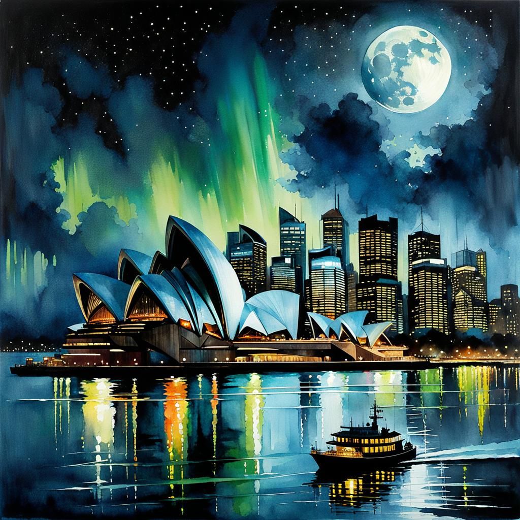 Moonlit Sydney Opera House in Vibrant Watercolors