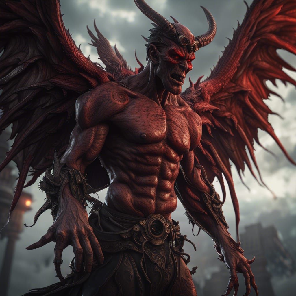 Demon with wings he is red with black eyes flying in the sky hyperdetailed 8k resolution concept art Unreal Engine deep ...