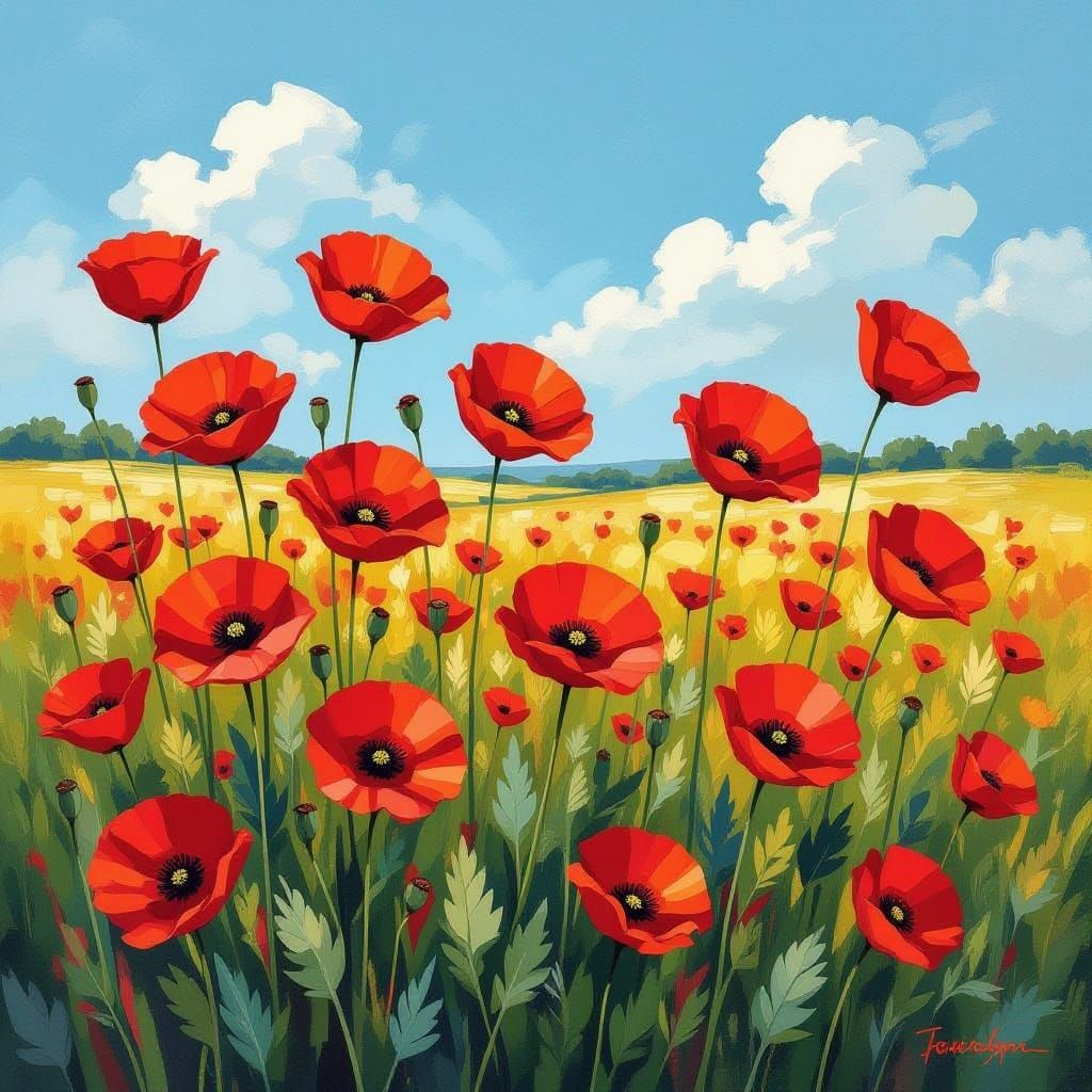 Vibrant Poppy Field in Gouache Impressionist Style