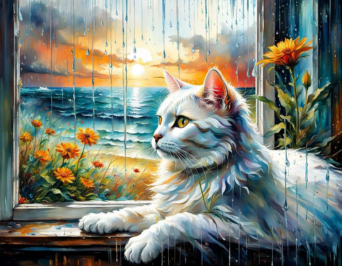 Surreal Beach Scene Reveal through Rainy Window as Impasto O...