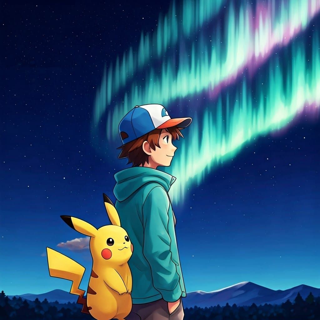 Pokémon Trainer and Pikachu Marvel at the Aurora
