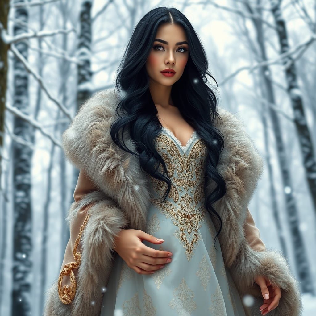Ethereal Snow Queen with Luxurious Coat and Hourglass Figure