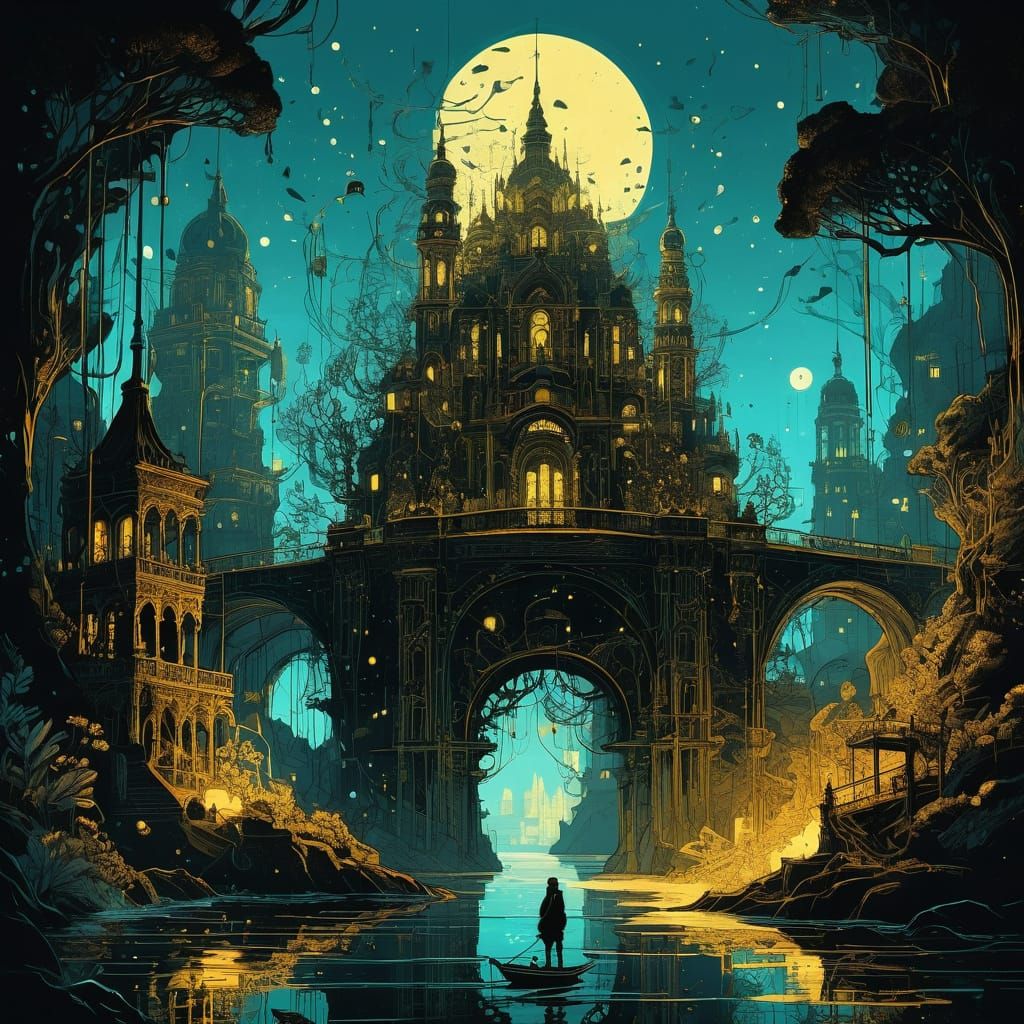 A magnificent golden city rises from the depths of the abyss, glowing with an ethereal golden light that pierces through...