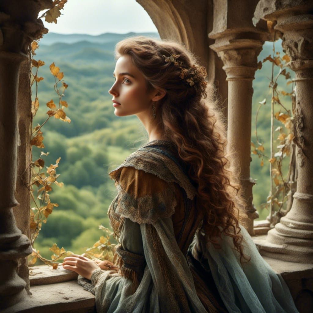 Ethereal Princess Contemplates Castle View
