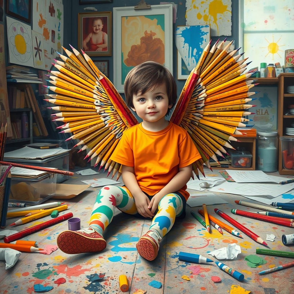 Child with Pencil Wings in Art Room, Whimsical Art