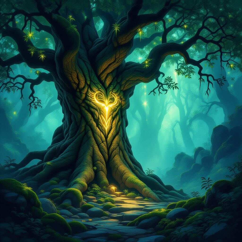 Ancient Tree Spirit Guarding Hidden Grove in Dark Fantasy St...