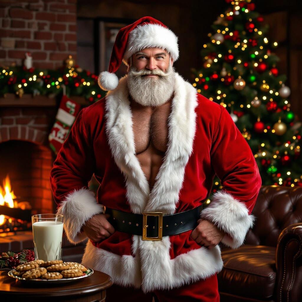 Muscular Santa with Hairy Chest by Fireplace