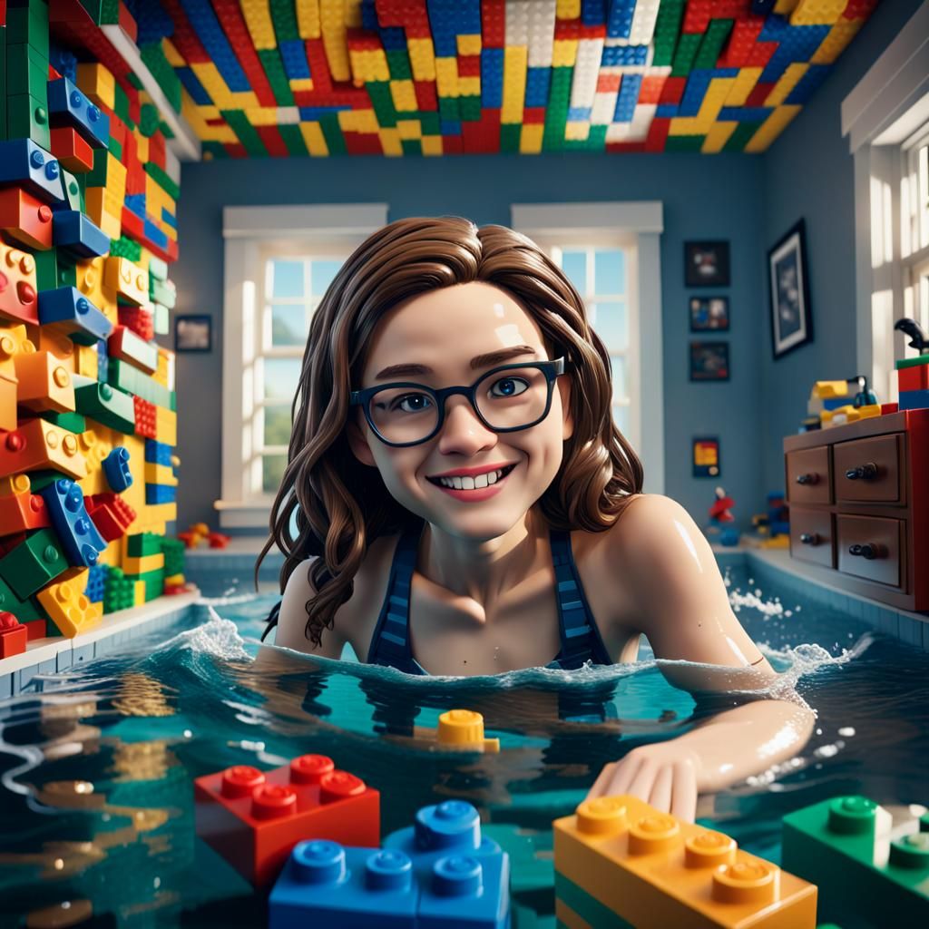 Teenage Girl Immersed in Vibrant Lego Wonderland