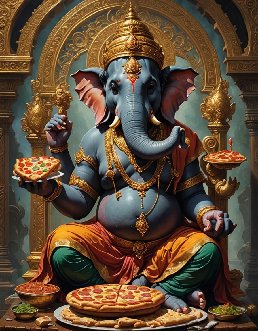 Ganesha Savoring Pizza in Photorealistic Style