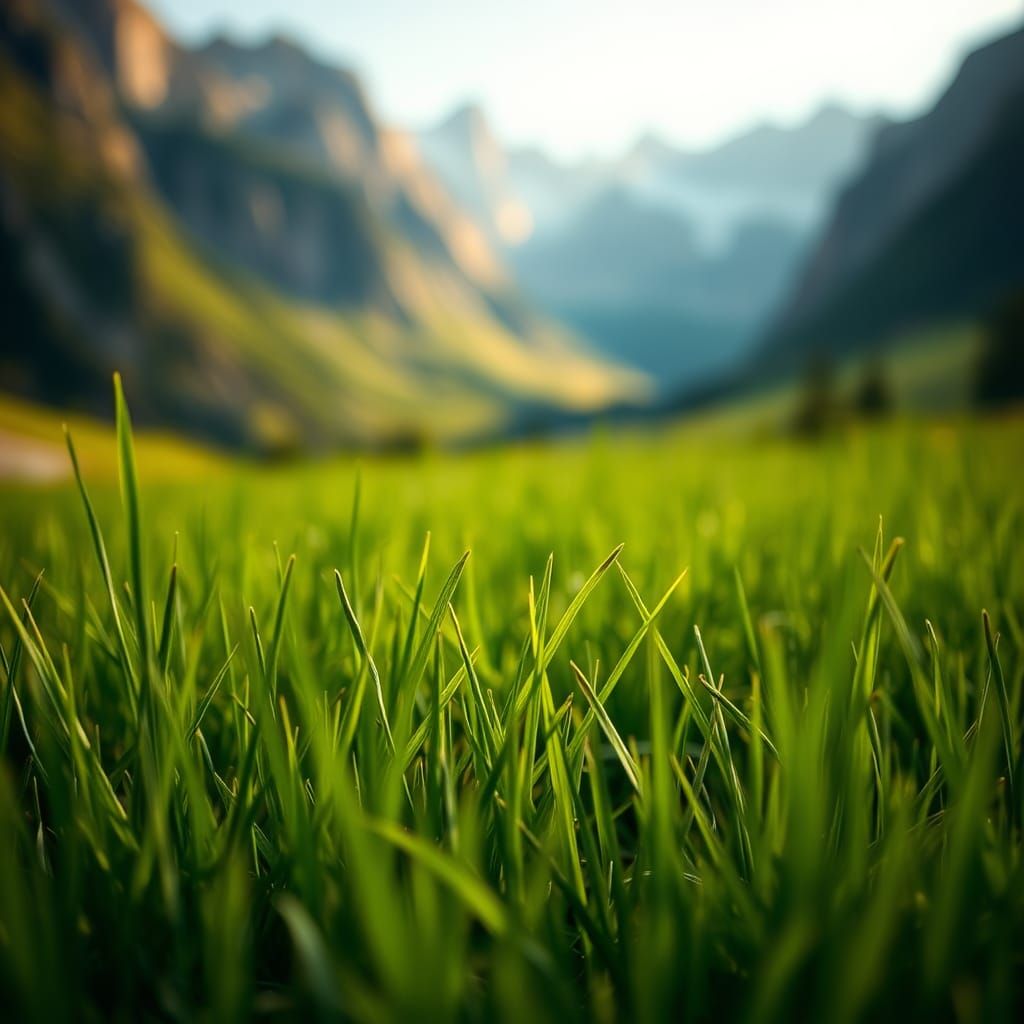 Serene Mountain Landscape in Vibrant Green Grass