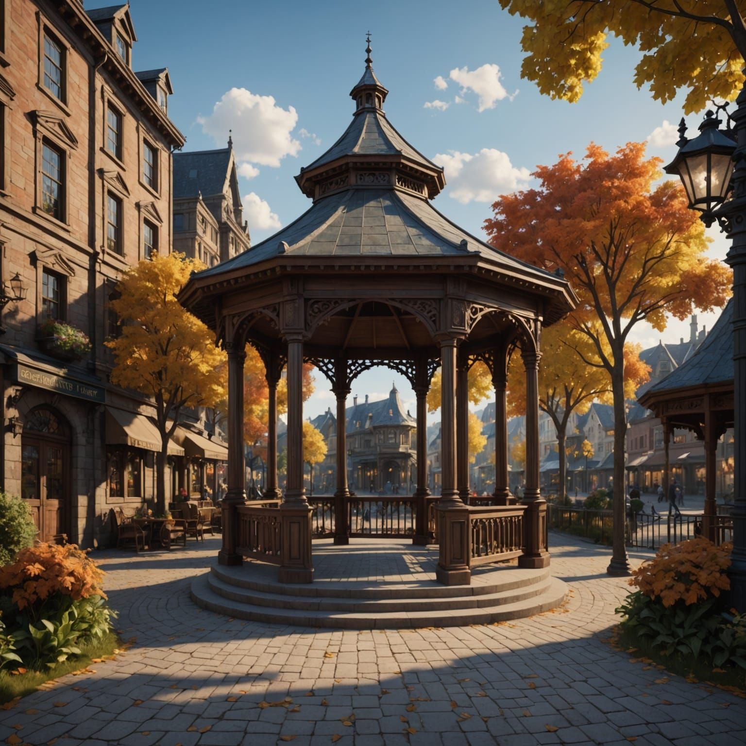 Whimsical Woodland Gazebo in a Bustling Fantasy Town