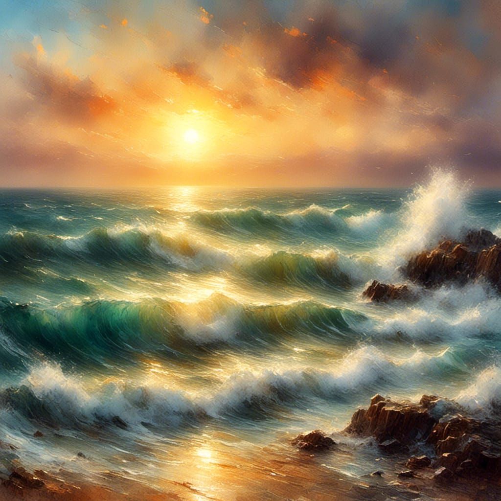 A dramatic seascape at sunset, where the waves are crashing ...