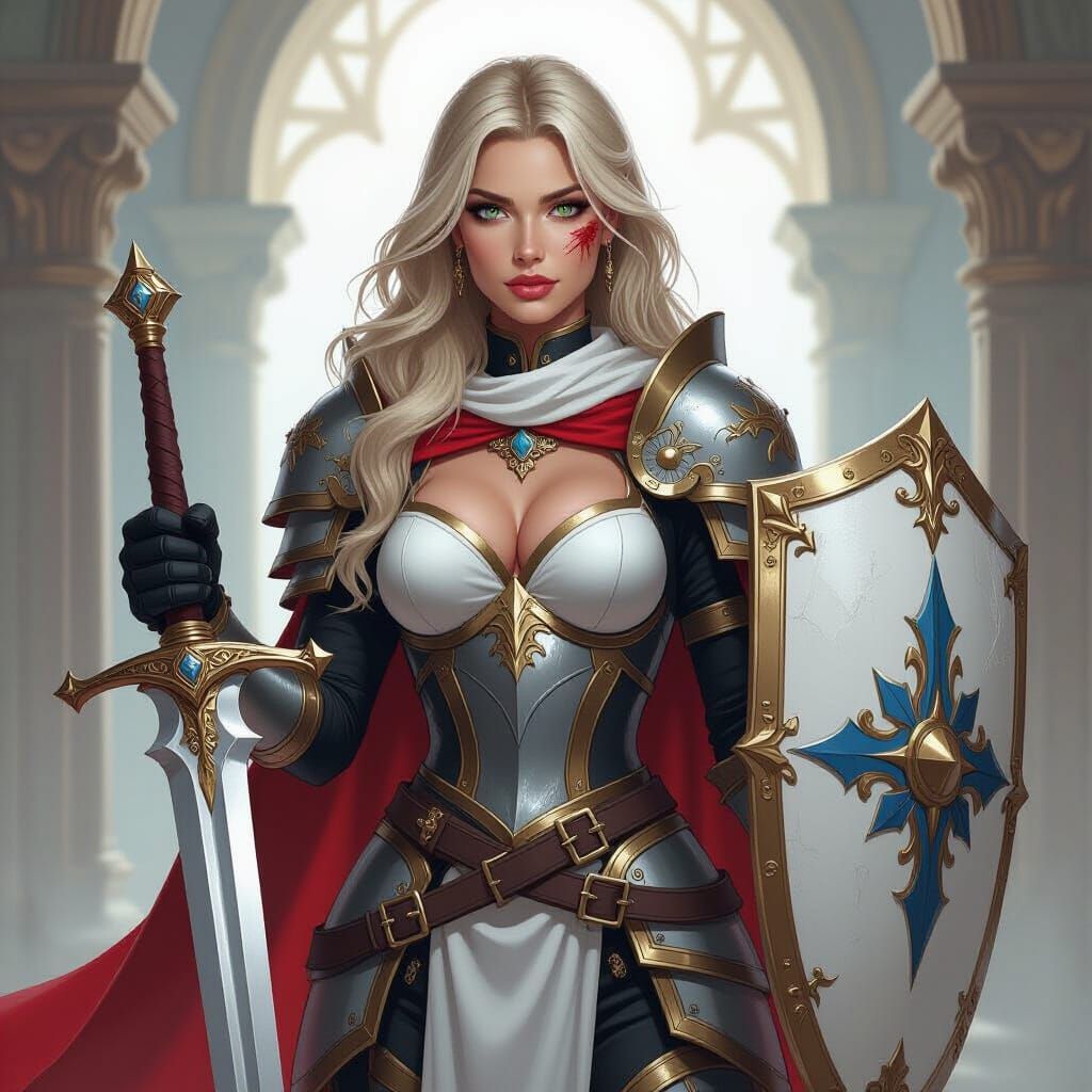 D&D Female Paladin in Plate Armor with Radiant Sword