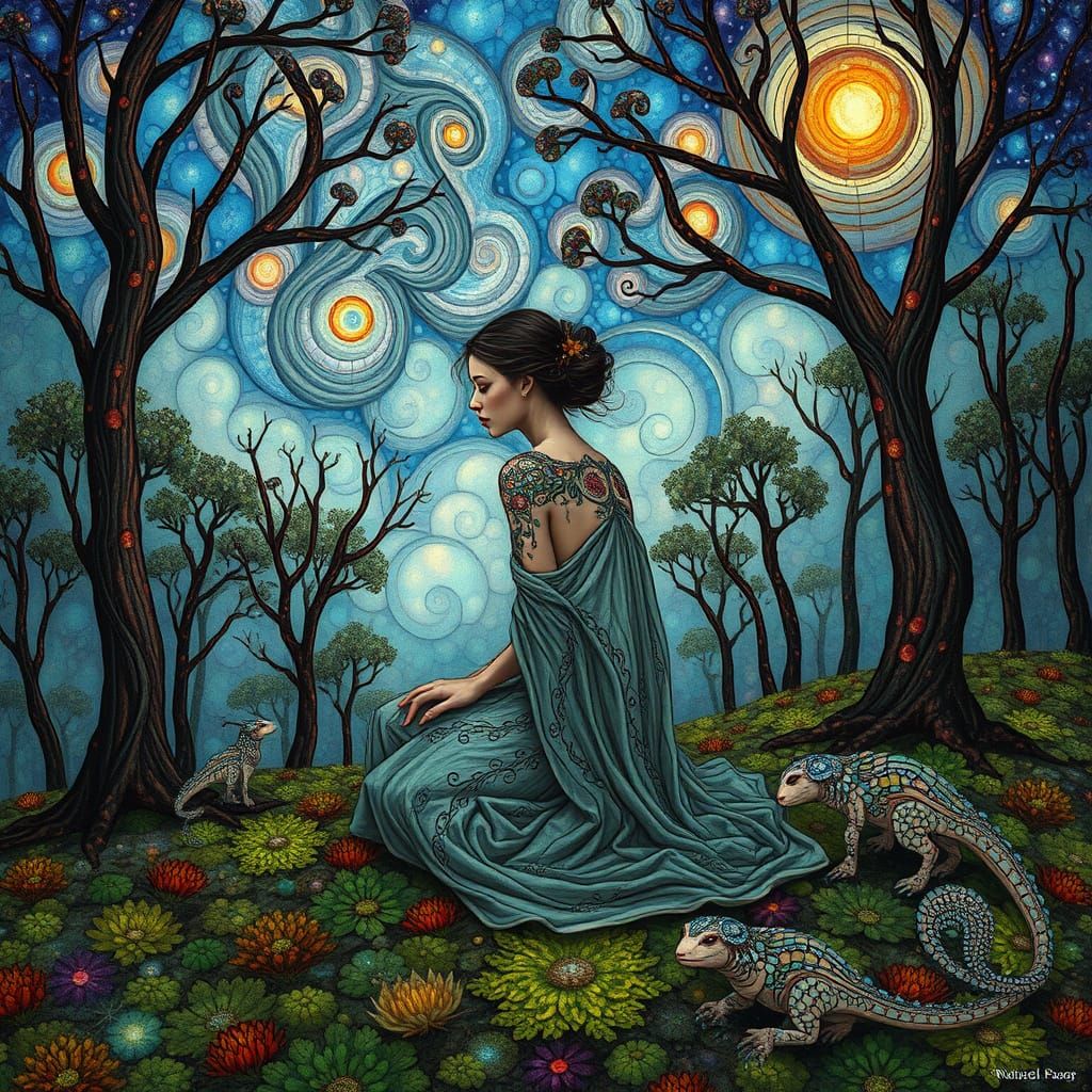 Ethereal Figure in Stained Glass Forest, Mystical Realism