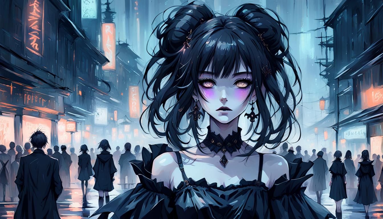 Eerie Anime Girl in Party Dress, Splash Art Style