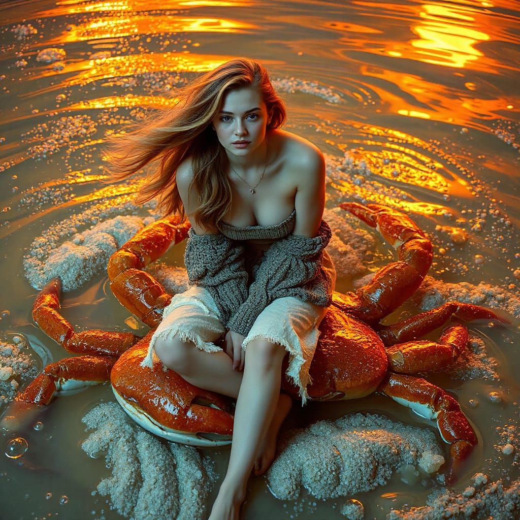 Woman on Gummy Crab in Effervescent Soda Sea