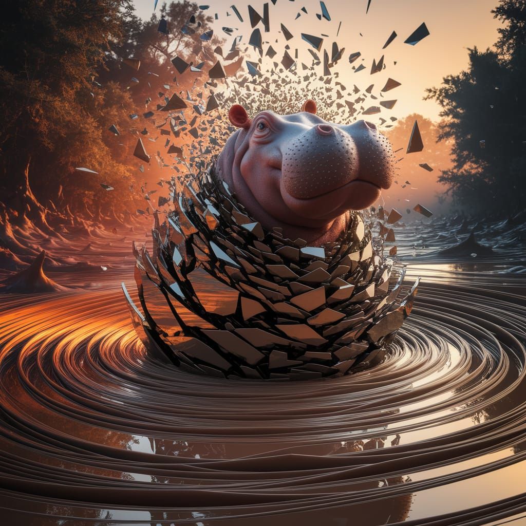 Fractured Hippo in Mud Vortex: Mirrored Reality