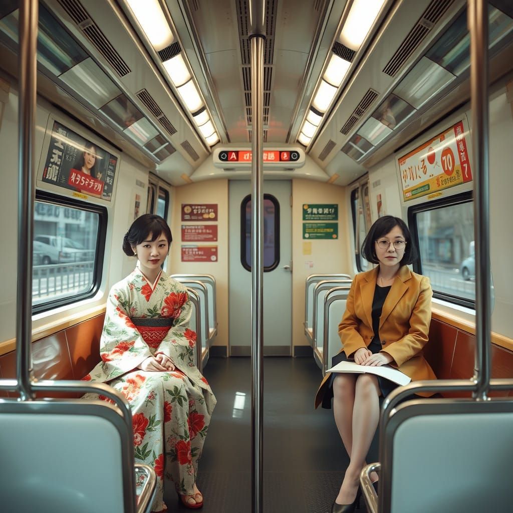 Two Japanese Women in a Modern Train Carriage