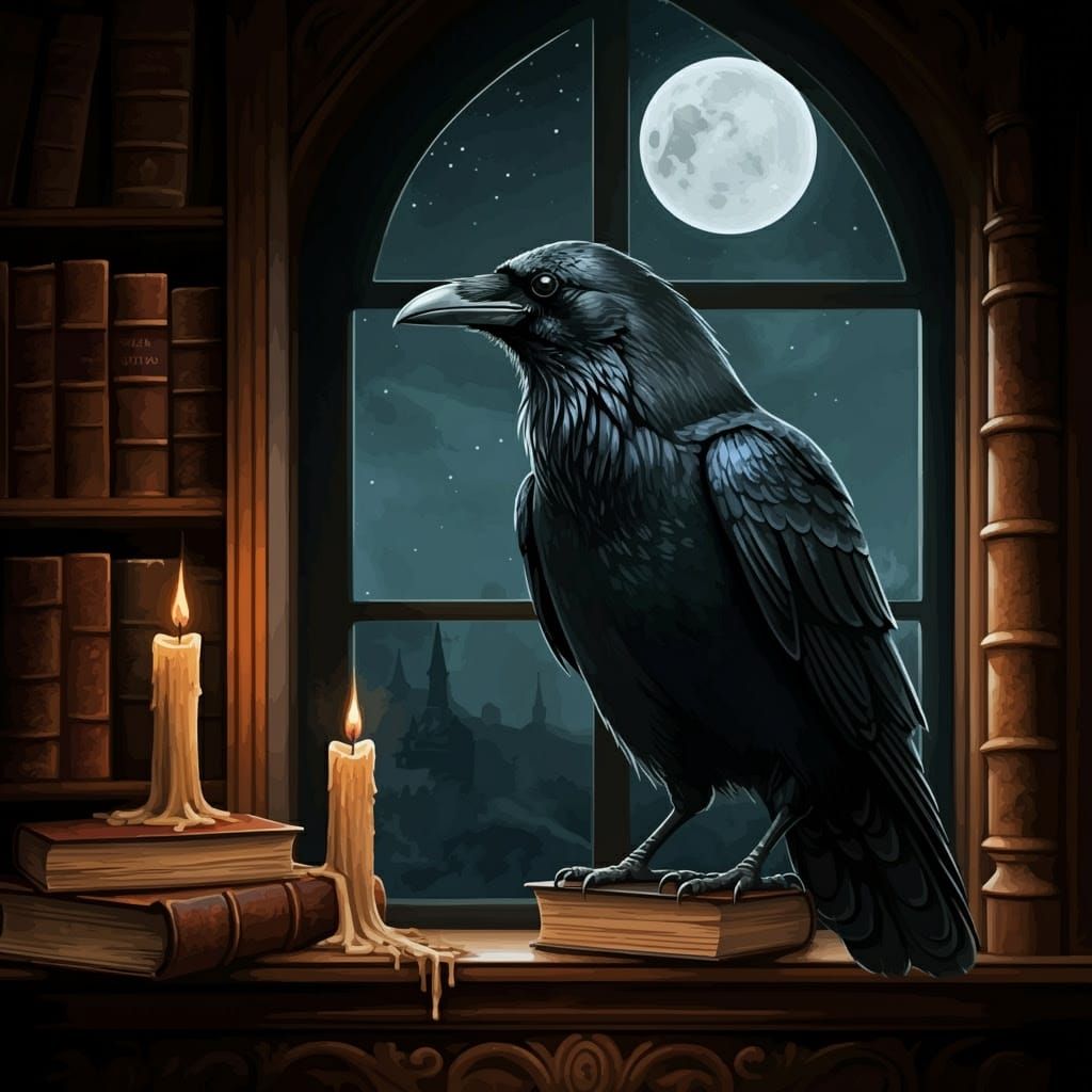 Raven Basks in Lunar Glow on Ornate Bookcase
