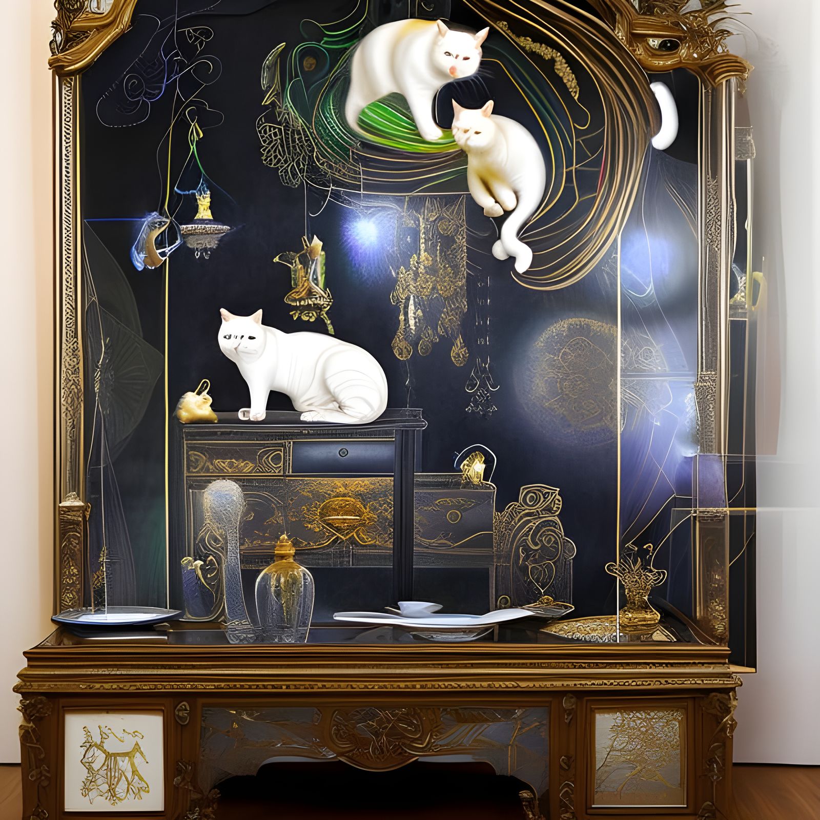 Cats in Whimsical Trompe l'oeil Cabinet Scene with Grandma M...