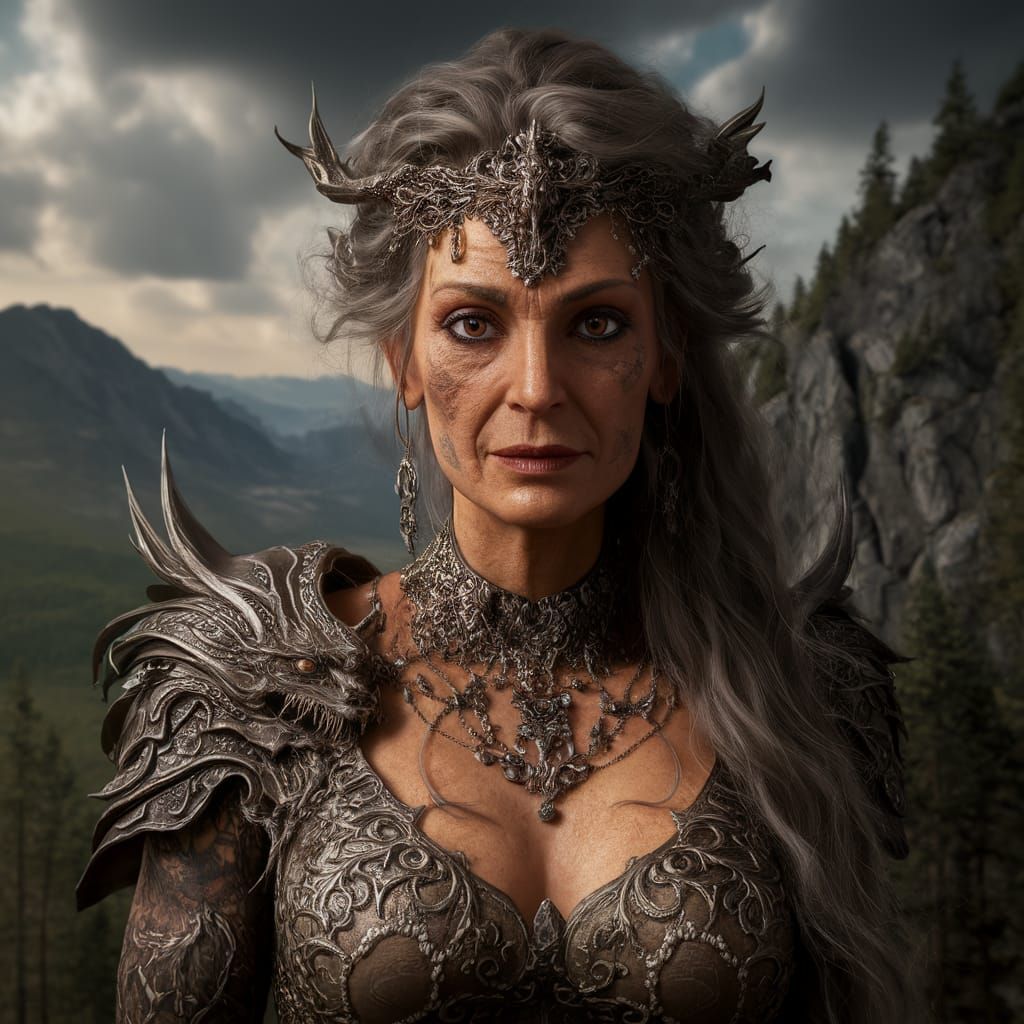 Mature Woman Escapes Dragon Cave in Vibrant Fantasy Art