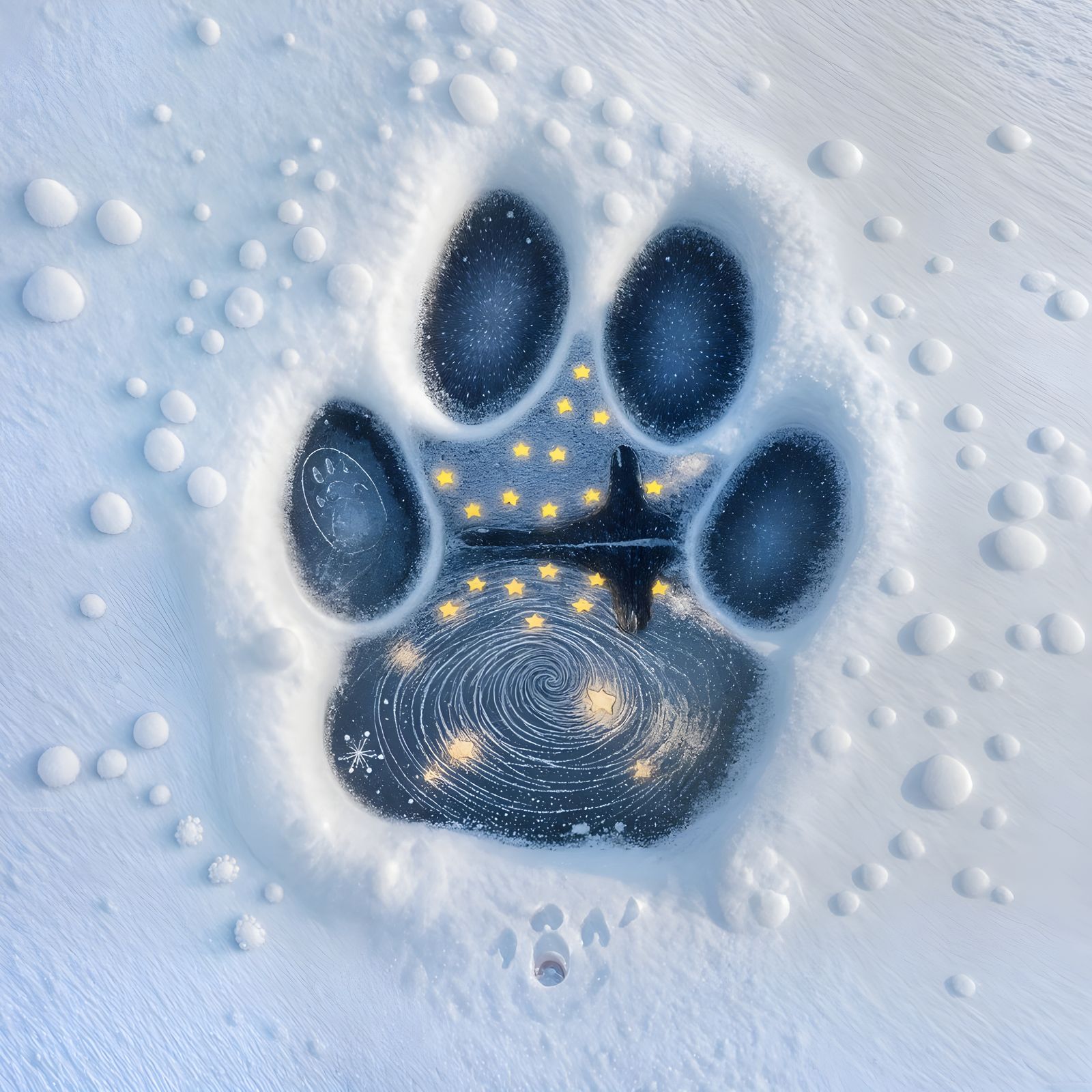 Starry Night Paw Print in Snowy Landscape