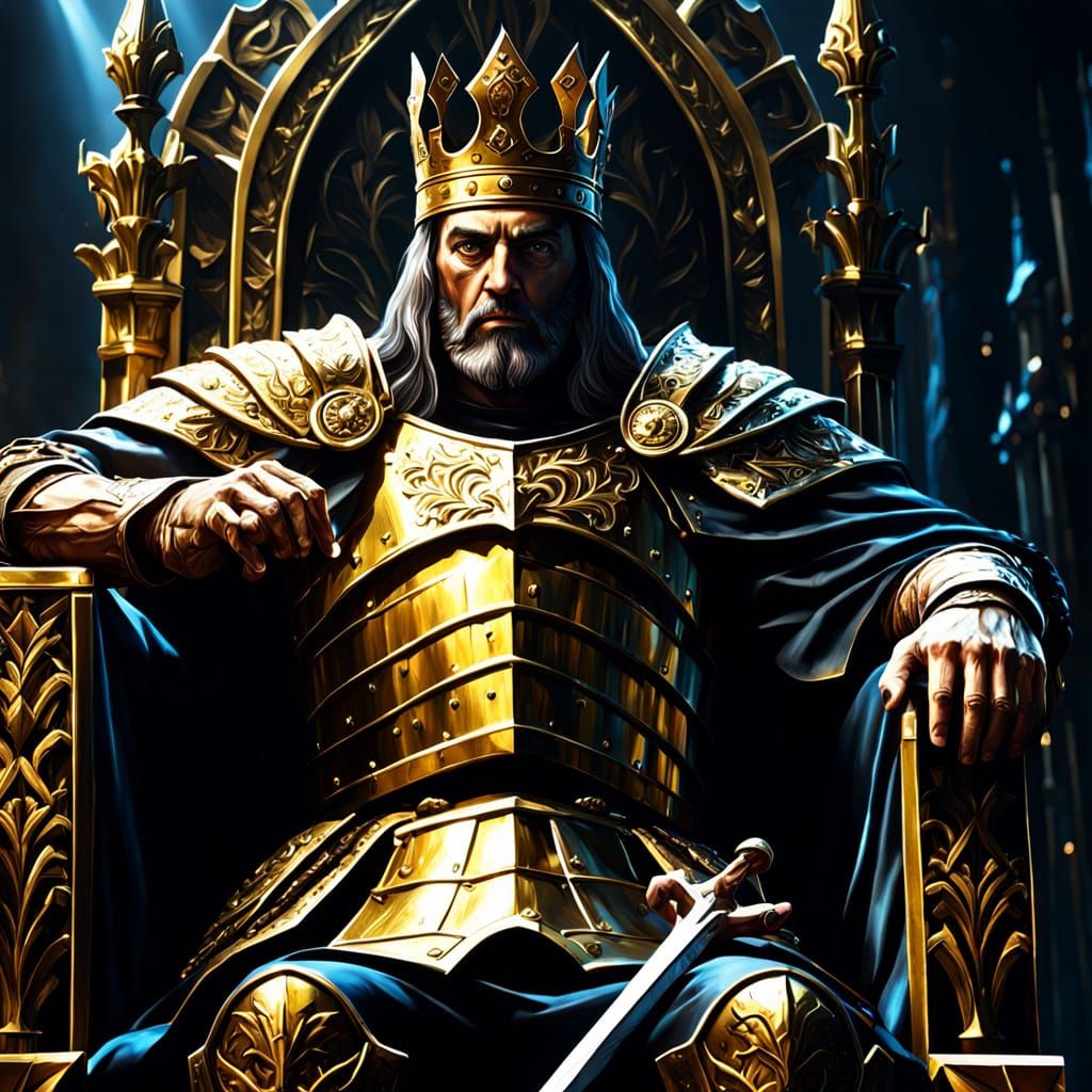 Epic Oil Painting of Attila on Throne in Golden Armor