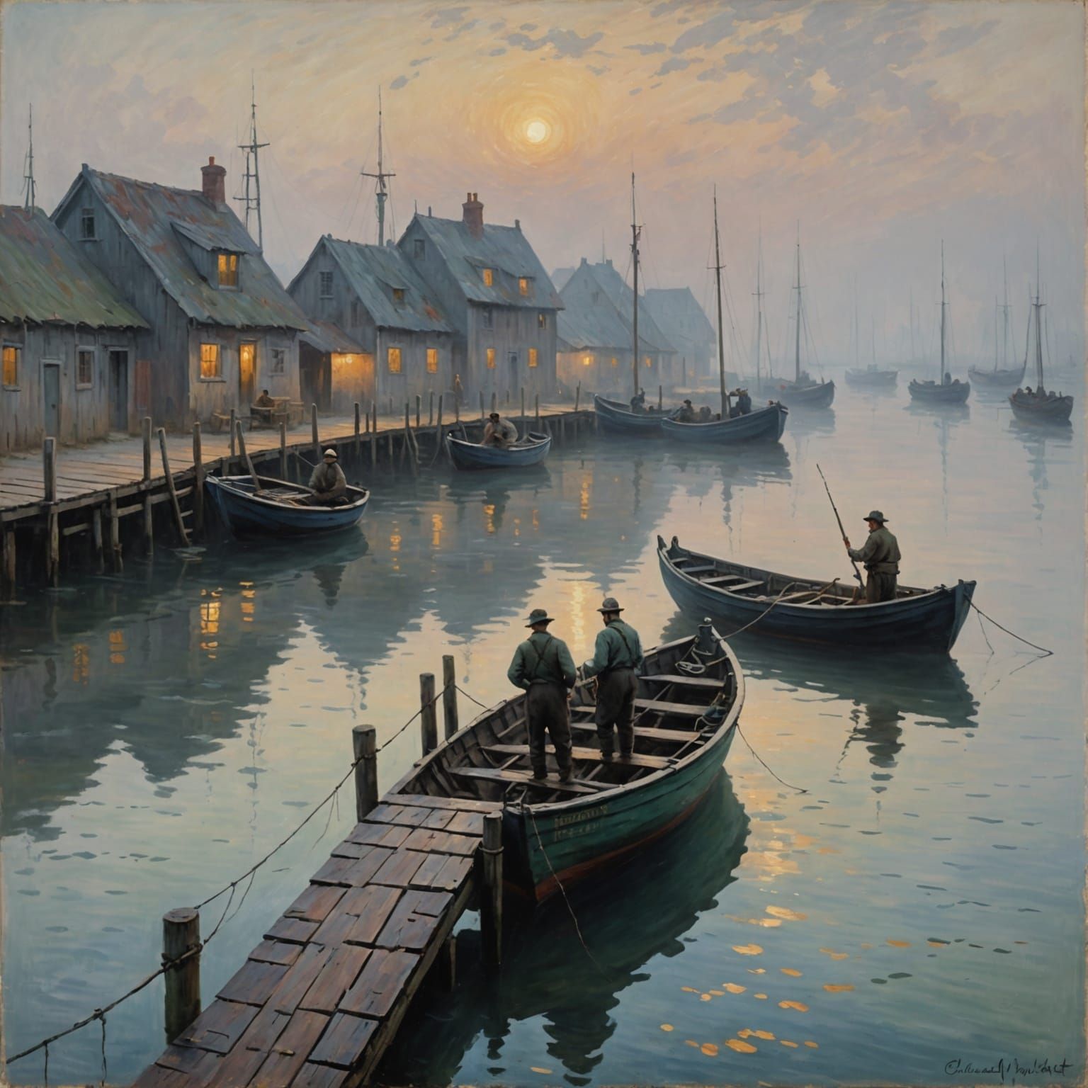 Fishing Village at Dawn in Thick Fog, Impressionistic Oil Pa...