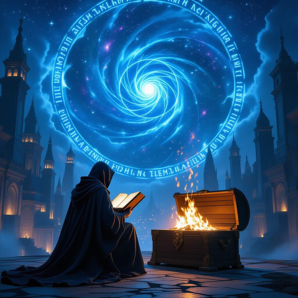 Lone Wizard Studies Tome Amidst Cosmic Cityscape