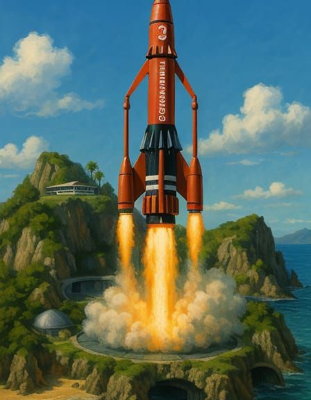 Vintage-Futuristic Thunderbird Spacecraft Launches from Isla...