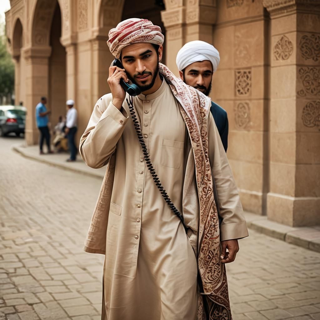 Young Muslim Man in Traditional Attire Uses Phone