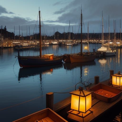 1940s Fishing Harbor at Dusk in Oil Painting Style