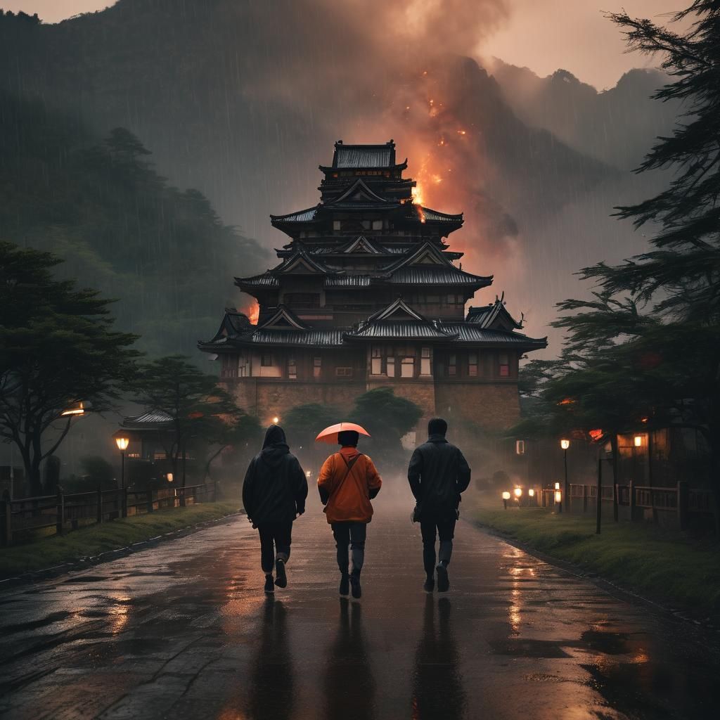 Dramatic Japanese Castle Under Siege in Fiery Red Sky