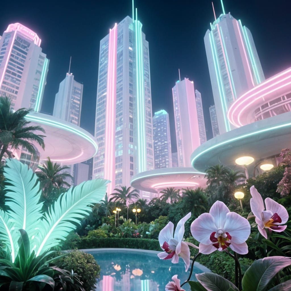 Astropunk City Garden with Neon Skyscrapers and Orchids