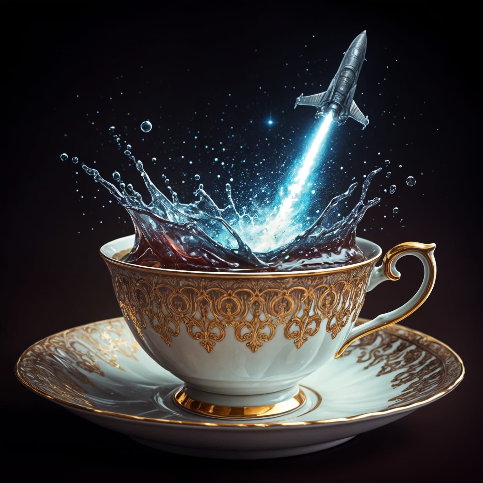 Celestial Tea in Cosmic Teacup with Splashing Spaceship
