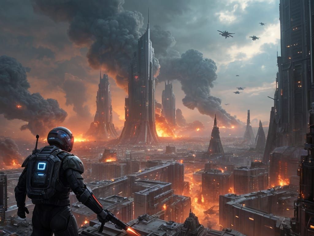 Futuristic City Under Siege: Dramatic Sci-Fi Illustration
